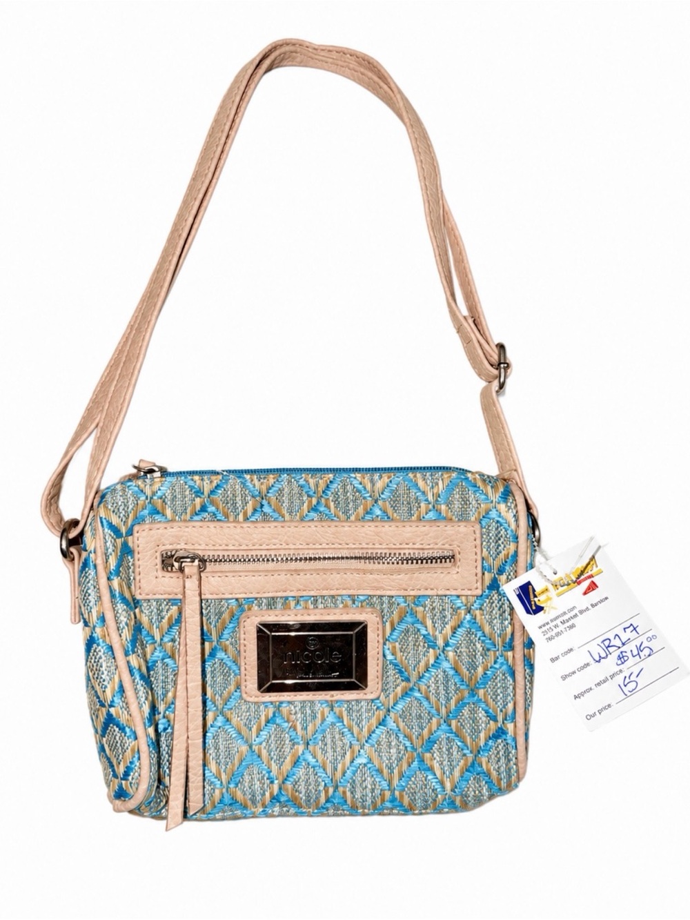 Nicole by Nicole Miller Blue and Beige Woven Crossbody Bag